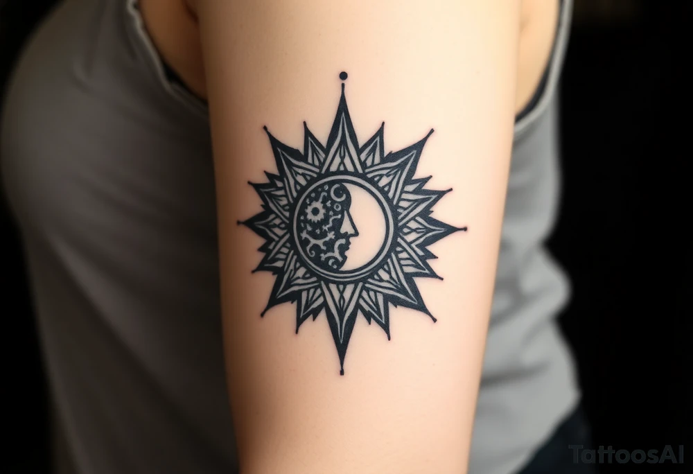 celestial sun and moon embrace with constellation patterns tattoo idea