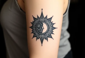 celestial sun and moon embrace with constellation patterns tattoo idea