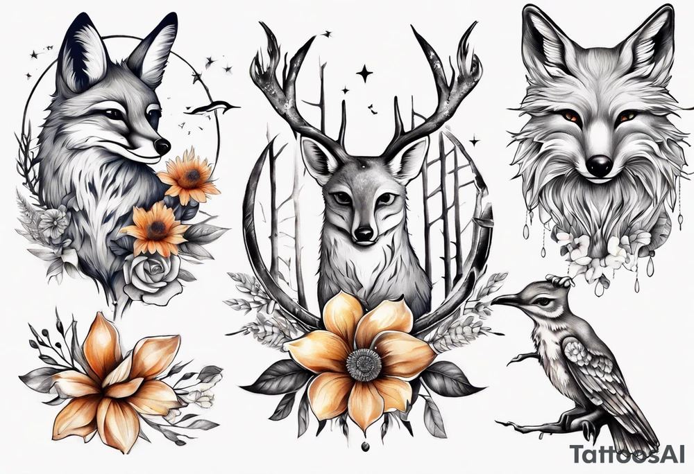 wasser sonne und mond fuchs eule kolibri wald hirsch blume des lebens tattoo idea