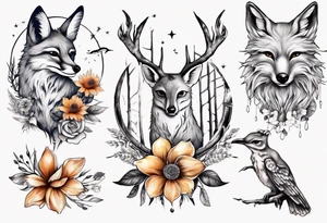 wasser sonne und mond fuchs eule kolibri wald hirsch blume des lebens tattoo idea