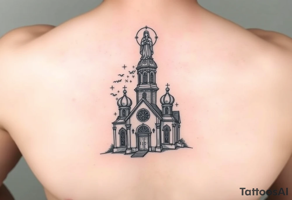 in a dorsal view a detailed orthodox church shrouded with a mist above and fading into a virgin mary overlooking above at the top tattoo idea