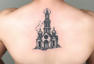 in a dorsal view a detailed orthodox church shrouded with a mist above and fading into a virgin mary overlooking above at the top tattoo idea