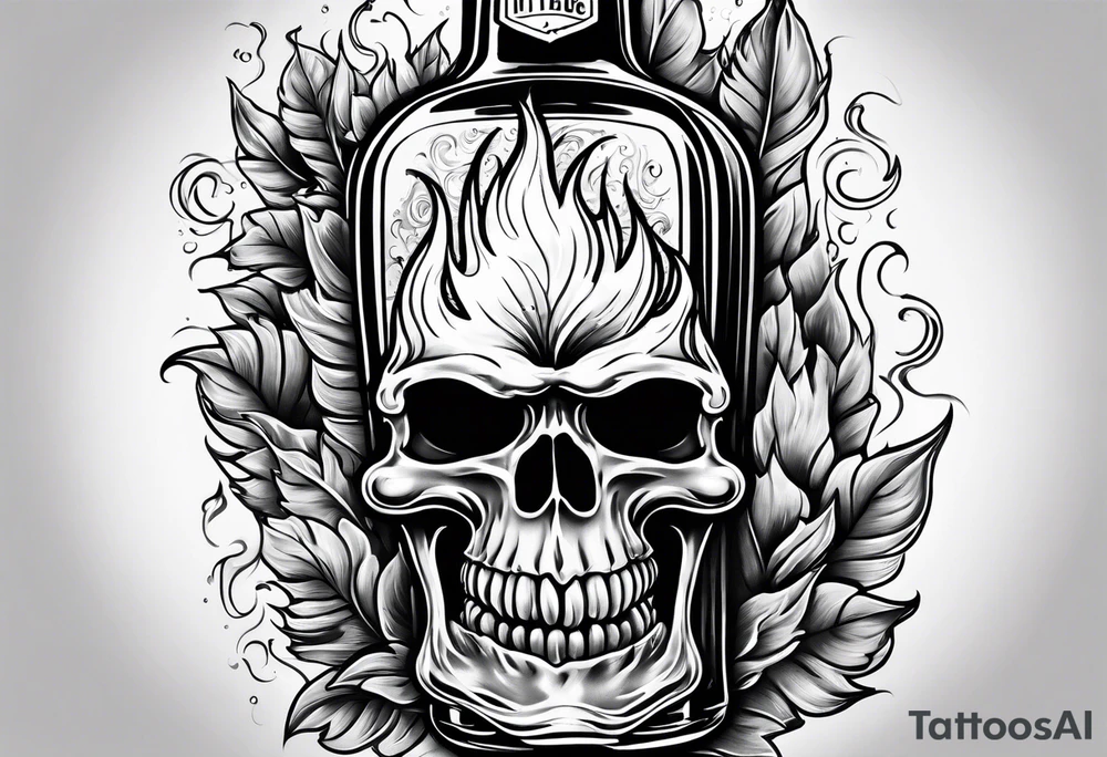 Flaming rag hanging out of whiskey bottle tattoo idea