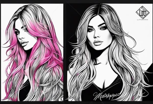 Make a outline of long hair with bangs and pink highlights in the back tattoo idea