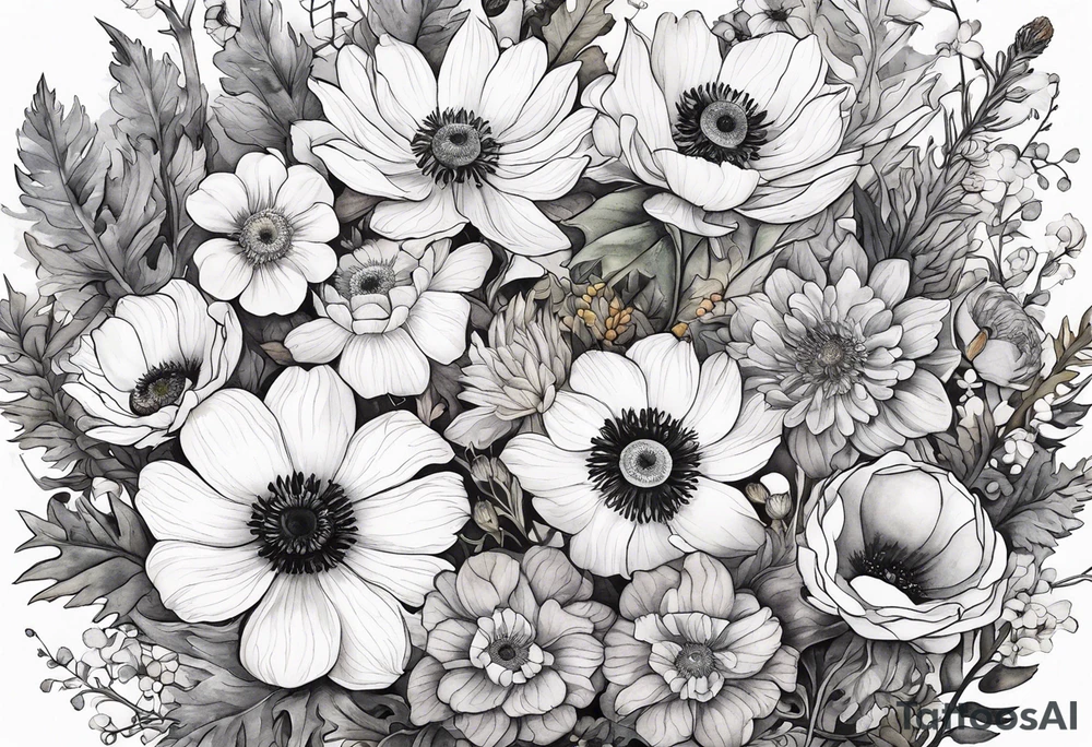 white anemone with black center in the middle of wildflowers with thistles, ferns, ranuculus, sun flowers, mixed color flowers and different shapes all in watercolor tattoo idea