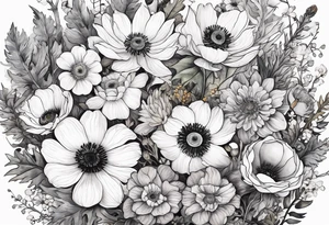 white anemone with black center in the middle of wildflowers with thistles, ferns, ranuculus, sun flowers, mixed color flowers and different shapes all in watercolor tattoo idea