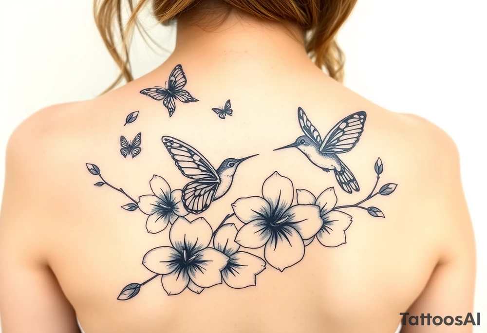 Butterflies and hummingbirds flying over orchids tattoo idea