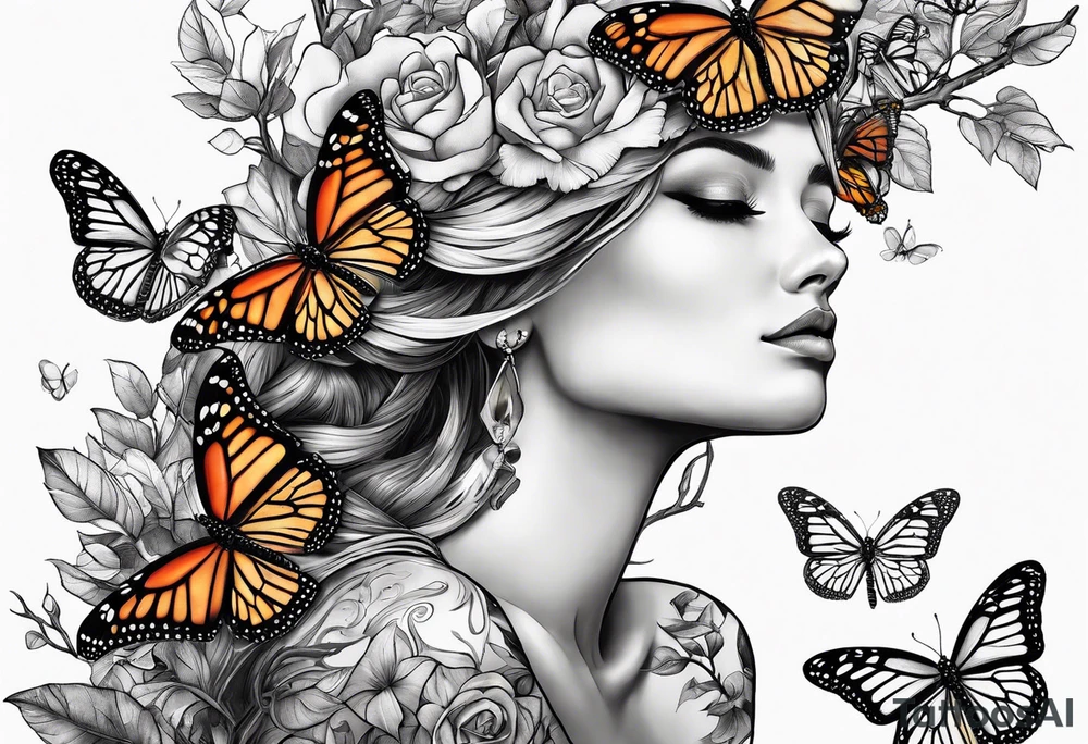 Female carindal sitting on a branch with a monarch butterfly flying tattoo idea