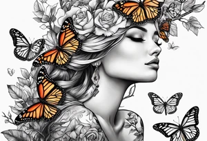 Female carindal sitting on a branch with a monarch butterfly flying tattoo idea