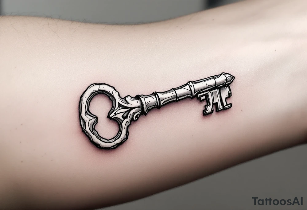 A surreal design where the key is carved from a skeletal finger bone and the lock placed next to it. The style is fine line with soft shading in muted gray and bone white, accented with light shadowing and subtle black ink details to give it a haunting yet elegant vibe. tattoo idea
