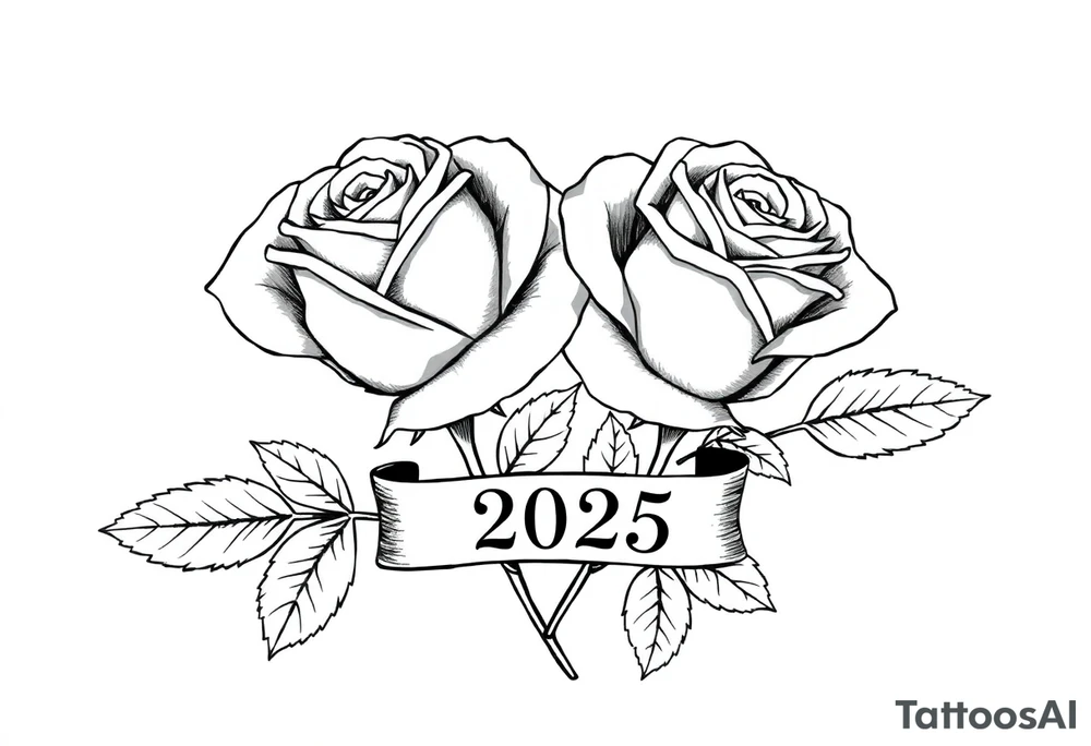 two beautiful large rose buds, one larger than the other, with lots and lots of leaves next to the rose buds, with one sitting slightly higher than the other, side-by-side.  Include a banner connecting the two roses with the year 2025 on it.   Use dark outlines with little shading. Remove all stems from the roses. tattoo idea