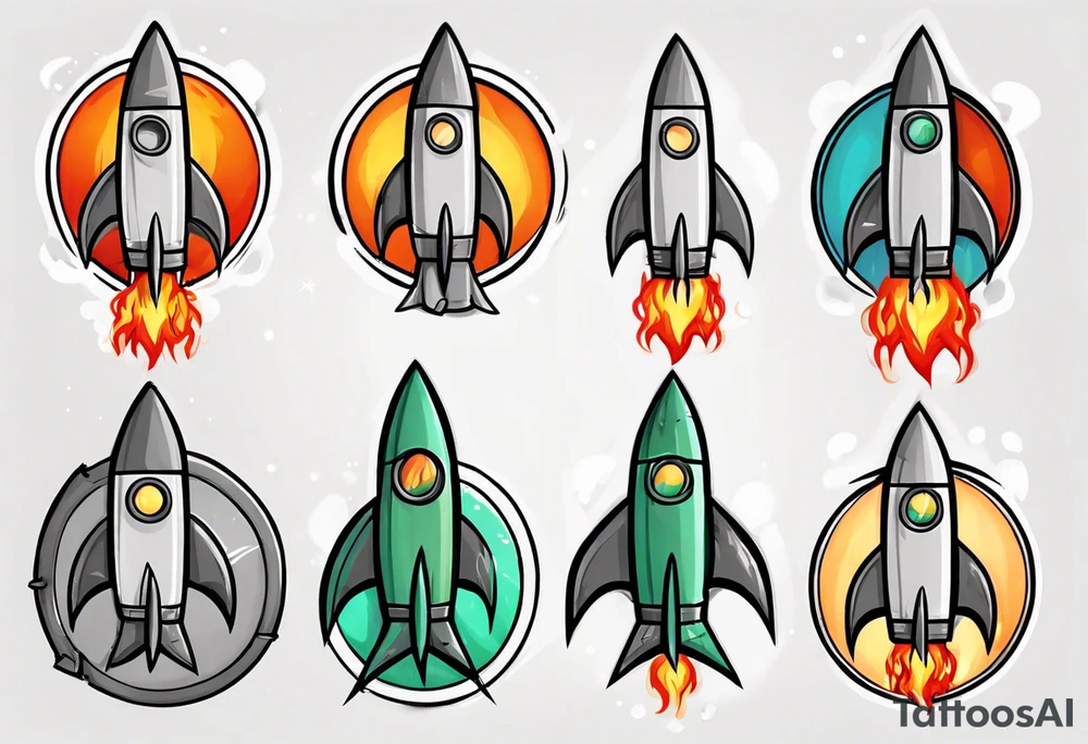 Super simple cartoon rocket ship with a round window, 3 fins, and fire coming out the bottom

Add some shading and detail to make less basic

Rocket should be green with gray accents tattoo idea