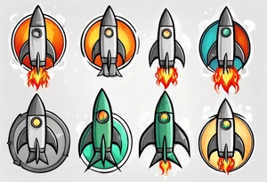 Super simple cartoon rocket ship with a round window, 3 fins, and fire coming out the bottom

Add some shading and detail to make less basic

Rocket should be green with gray accents tattoo idea