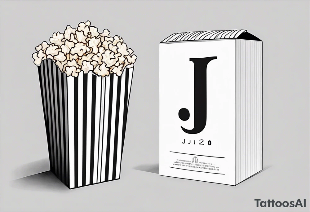 Popcorn box with vertical stripes, letter J on box tattoo idea