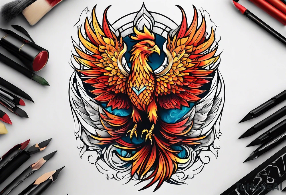Roman looking Phoenix rising out of fire. Rebirth. tattoo idea