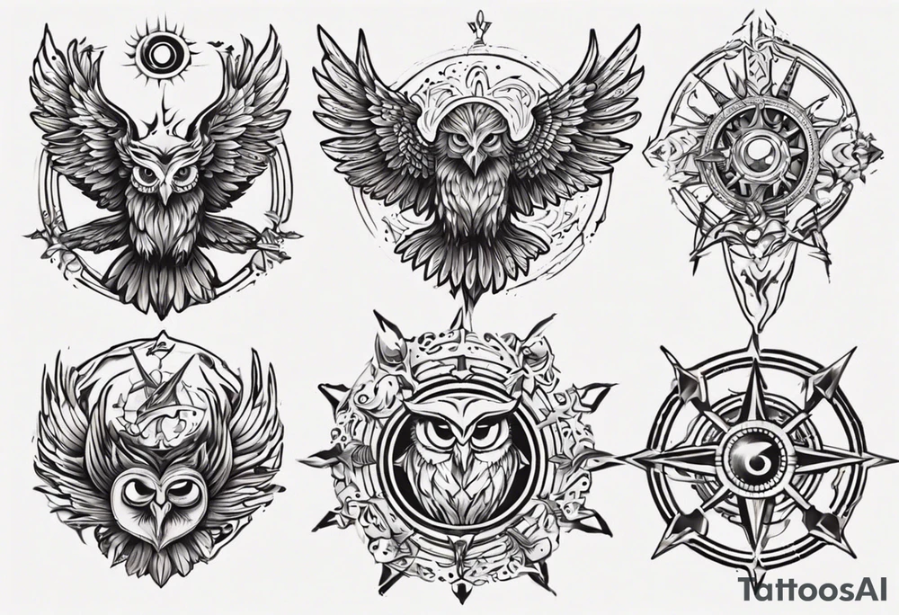 symbol eines Kriegers Wassermann Eule Sonne tattoo idea