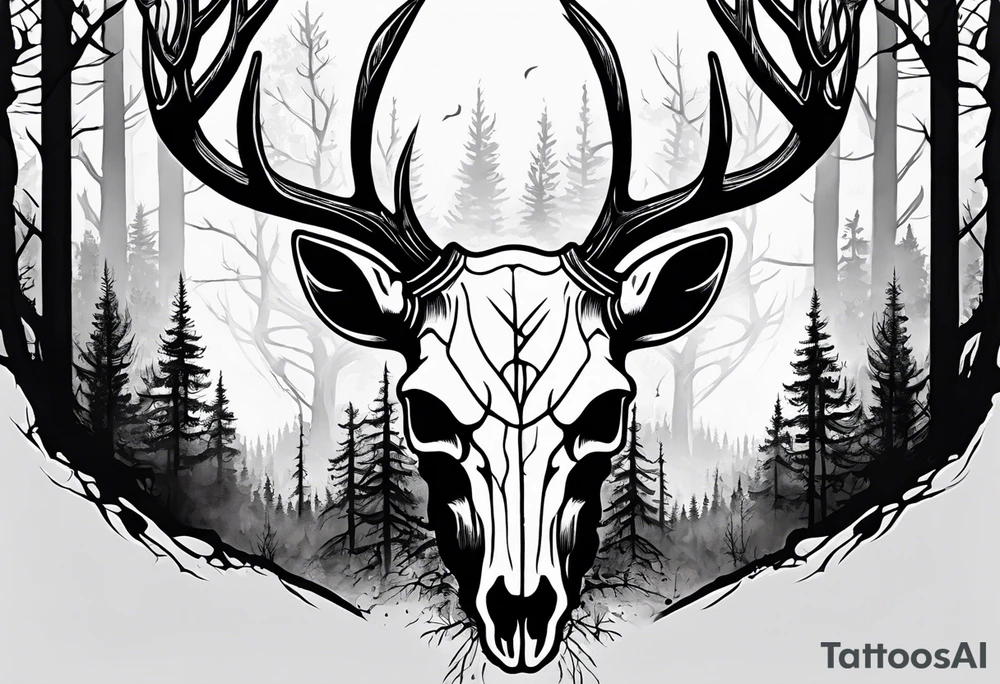 A frightening horror DECAYING deer skull JUST BONE side profile surrounded by a forest fire in background tattoo idea