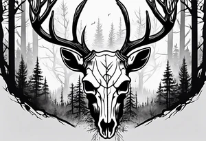 A frightening horror DECAYING deer skull JUST BONE side profile surrounded by a forest fire in background tattoo idea