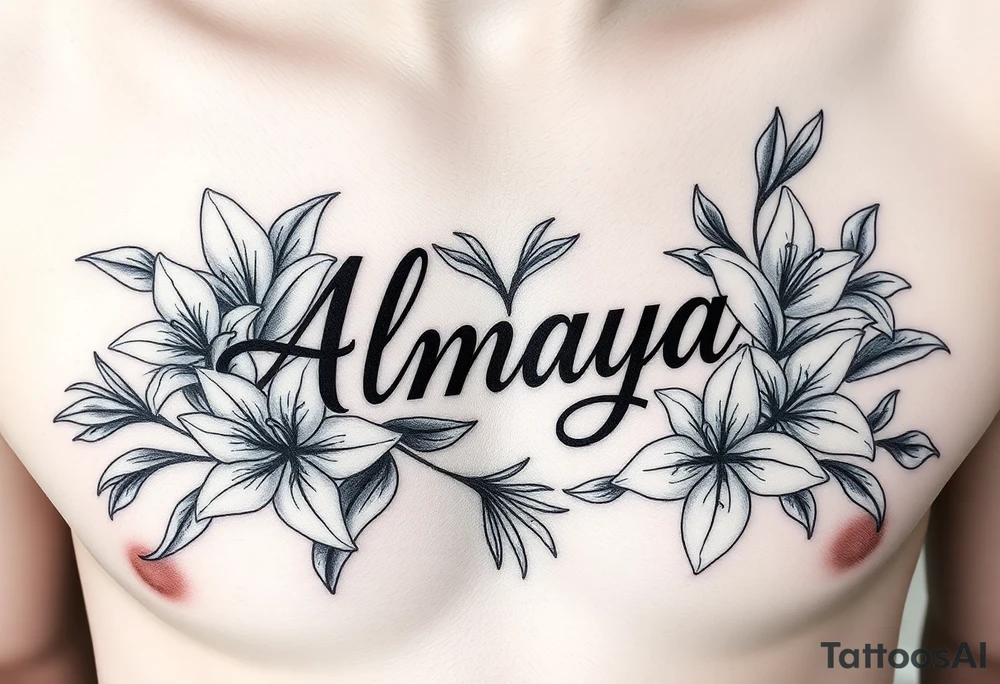 The name Almaya surrounded by Lilies. I want this on rib cage tattoo idea