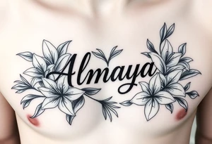 The name Almaya surrounded by Lilies. I want this on rib cage tattoo idea
