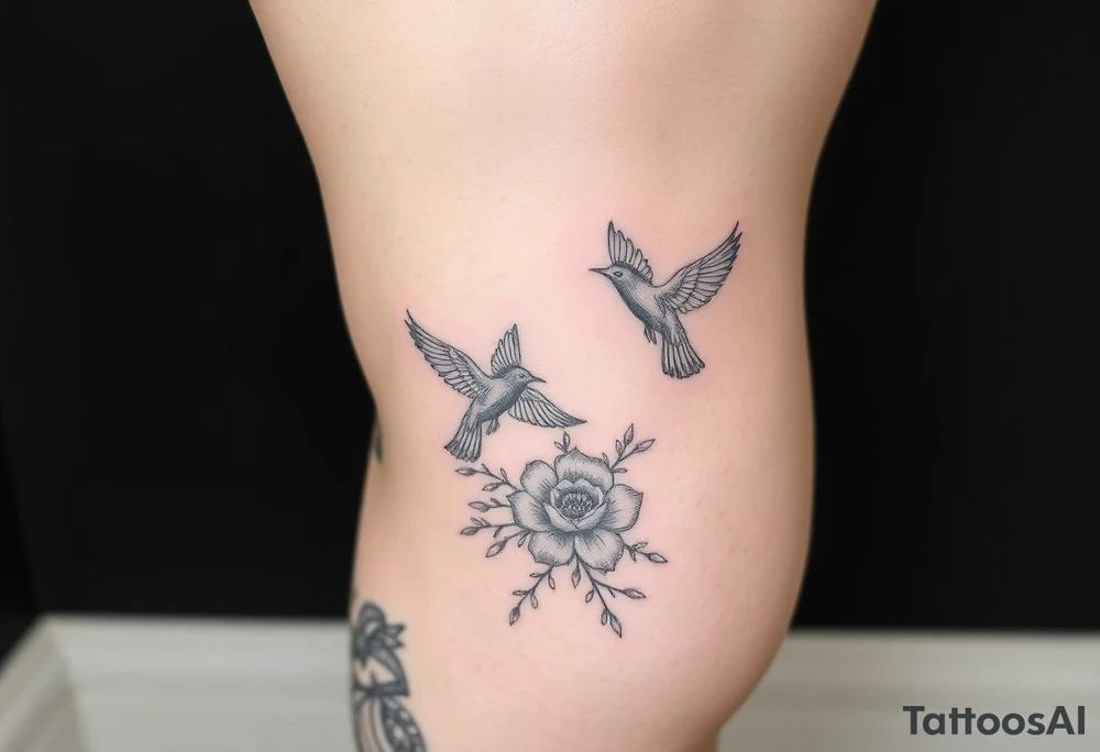 Floral thigh and leg sleeve tattoo with birds tattoo idea
