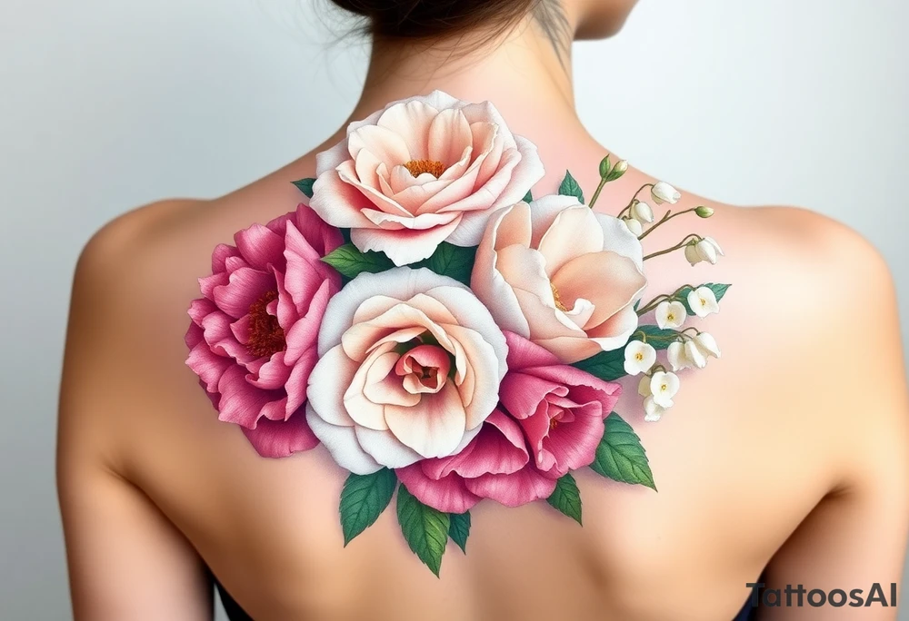 3d Bouquet of Carnation, Astor, Rose, Lily of the valley, Larkspur with realistic, low tone pastel colors with no black tattoo idea