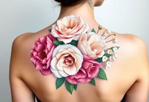 3d Bouquet of Carnation, Astor, Rose, Lily of the valley, Larkspur with realistic, low tone pastel colors with no black tattoo idea