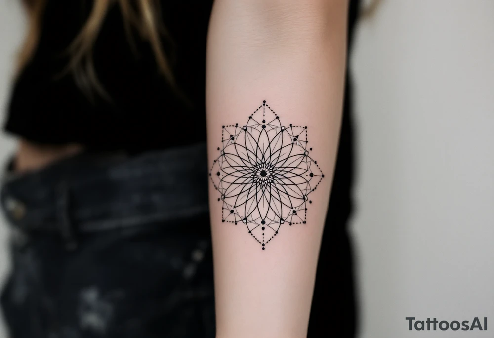 simple, minimalist tattoo, sacred geometry mandala, centerpiece design, dotwork patterns, radiating geometry, symmetrical mandala, geometric shapes, intricate dotwork, sacred patterns, mandala center, geometric radiating, fine line work, black grey shading, minimalist design, no outlines, arm placement, delicate linework, precise geometry, clean symmetry, sacred symbols, geometric precision, dotwork details, mandala focal point, refined patterns, understated complexity, geometric harmony, minimalist tattoo idea