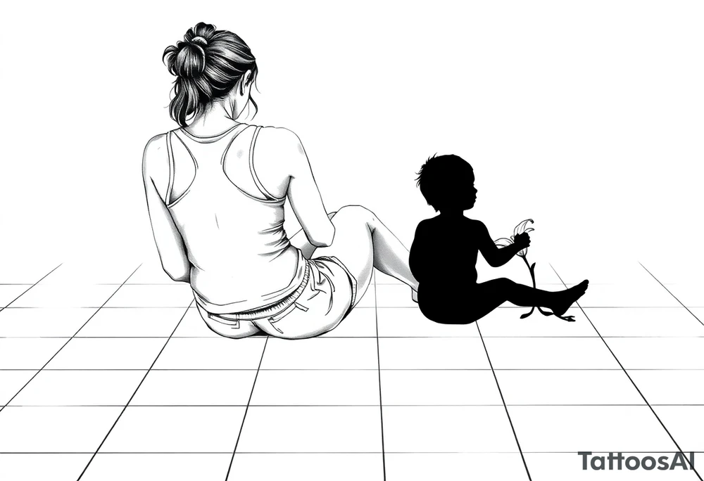 a tile floor with a minimalist realistic silhouette of the back of a thin woman sitting curled on the tile floor and a black silhouette of a young child sitting next to her with a lily next to them on the floor. The woman is wearing a Racerback tank top, running shorts, has dark hair pulled up high, and her head is down. tattoo idea