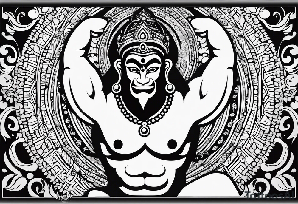 A simplified depiction of Hanuman, focusing on clean lines and minimal detail to capture his essence. Key features like his face, his mace (gada), and his posture could be subtly defined, without overwhelming detail. Avoid intricate textures, focusing more on silhouette and key symbolic elements.

ensure his entire body and tail 
can be seen tattoo idea