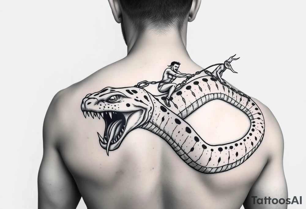 A dangerous giant holding a snake and a wild man on a chain leash holding them /sas slaves the snake has a wide shaped cobra head with a mouth full of sharp teeth and long fangs like a saber tooth tiger with the crazy guy riding on the back of snake tattoo idea