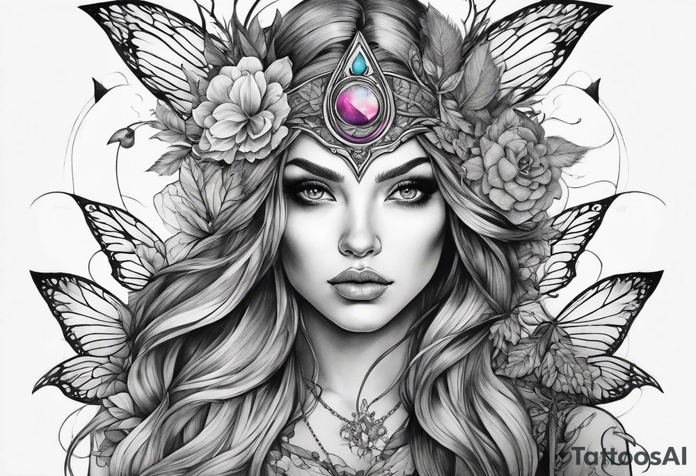 A fairy/witch with a Lot of collors, make It look mystic and really colorful tattoo idea