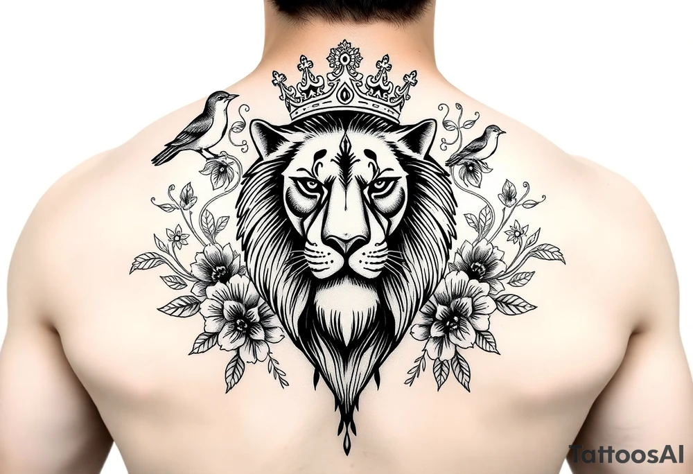 powerful majestic lion with a crown, surrounded by floral ornaments and birds tattoo idea