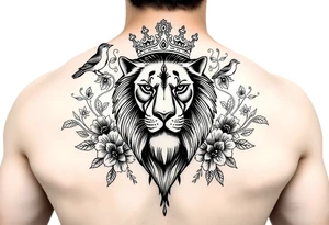 powerful majestic lion with a crown, surrounded by floral ornaments and birds tattoo idea