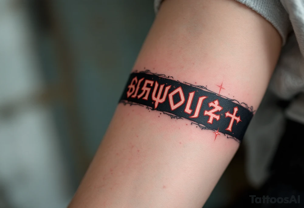 Slavic Runes – A band of red-etched runes on a black ribbon wrapping around a weathered forearm, with sparks of silver between symbols. tattoo idea