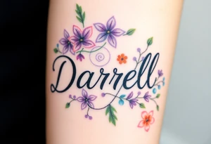 Bold colors, 1 inch font, "Darrell" with lots of whimsical background, add lots of flowers, more background of lilies, lilacs, lily of the valley, different colors, sizes and shapes tattoo idea