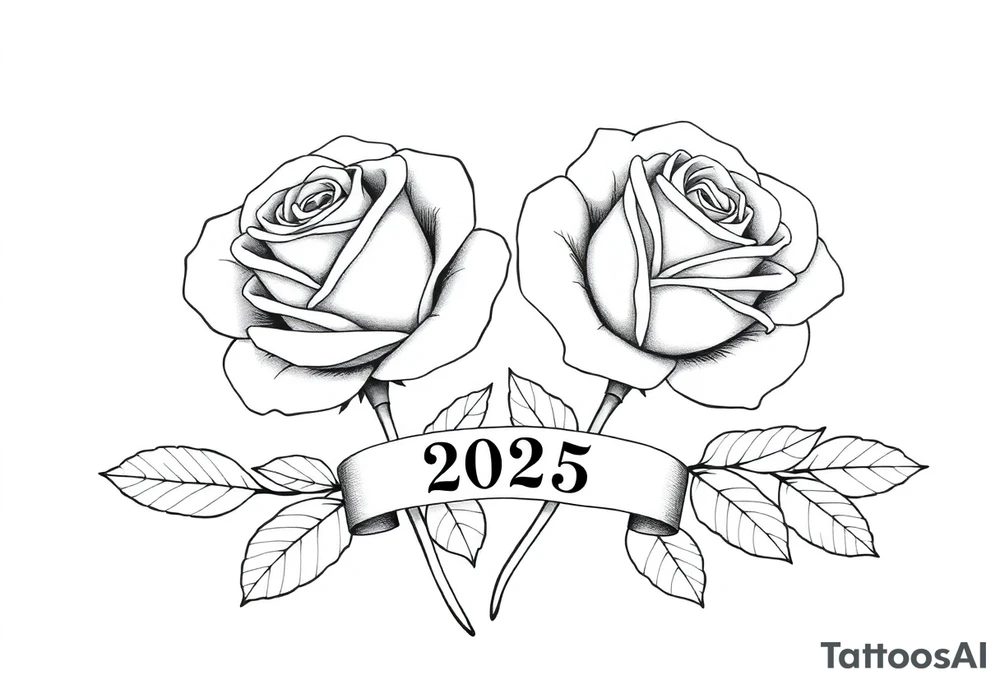 two beautiful large rose buds, one larger than the other, with lots and lots of leaves next to the rose buds, with one sitting slightly higher than the other, side-by-side.  Include a banner connecting the two roses with the year 2025 on it.   Use dark outlines with little shading. No stems tattoo idea