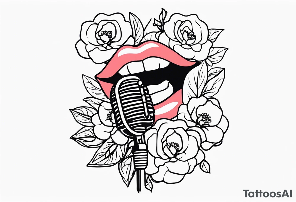 old school traditional vintage style design of lips singing into microphone with vintage flowers surrounding it tattoo idea