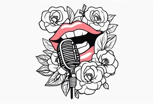 old school traditional vintage style design of lips singing into microphone with vintage flowers surrounding it tattoo idea