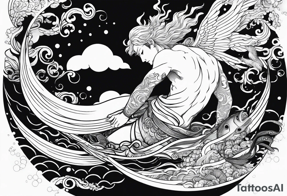 A falling greek men angel in the sea with the sun and all related to an asiatic culture and the anime Tokyo Ghoul.  Make it masculine and include in the water the DNA molecule and some fish and shrimp tattoo idea