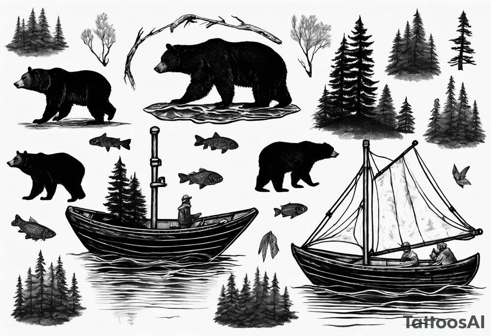 bear, forest, lake, small man on a fishing boat, appalachia tattoo idea