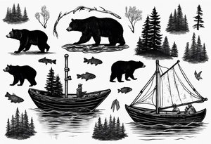 bear, forest, lake, small man on a fishing boat, appalachia tattoo idea