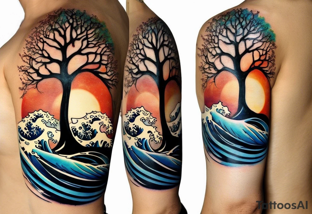 an abstract Tree of Life tattoo. It should have roots growing out of the bottom. The roots slowly turn into water from the Great Wave by Hokusai. A golf flag should be placed discreetly growing out of the ground. 2 license plate tags should be hanging from the tree. Place a few music notes in the areas the leaves should be. The letters A U should be engraving into the tree trunk in a heart. Black and white only. tattoo idea