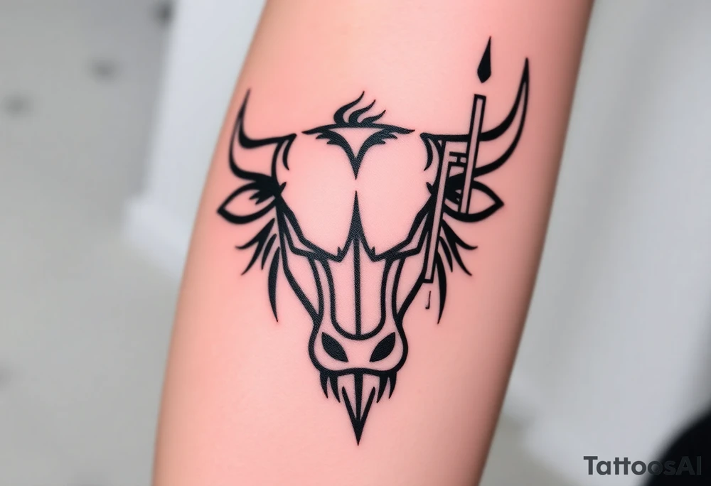 Create a minimalist black line tattoo of a bull’s head that transitions into an upward-trending candlestick stock chart. The design should have clean, fluid lines and combine the bull’s face and horns on the left, with the candlestick chart rising to the right, forming the shape of the bull’s jaw/neck. Keep the style simple and elegant, suitable for a forearm or upper arm tattoo.” tattoo idea