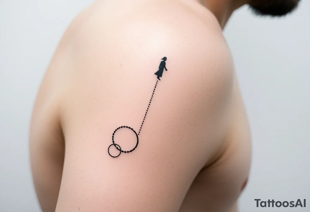 Minimalist forearm tattoo, black ink only, representing legacy and father-son connection. Two interlocking circles along an ascending abstract path, one fading at the bottom (father) and one growing solid at the top (son), symbolizing the torch passed. Fine particles rising along the line show guidance and energy. Subtle abstract figure of father integrated above. Include date VI·IV·MMXXIII and optional phrase “Building what he couldn’t”. Clean, fine-line, vertical layout for forearm, minimal yet deeply emotional. tattoo idea