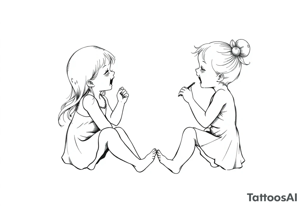 Zwei lachende kleine mädchen sitzen sich gegenüber eine hat einen Dutt die andere einen Zopf und sie berühren sich an den Fußsohlen seitenansicht tattoo idea
