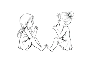 Zwei lachende kleine mädchen sitzen sich gegenüber eine hat einen Dutt die andere einen Zopf und sie berühren sich an den Fußsohlen seitenansicht tattoo idea
