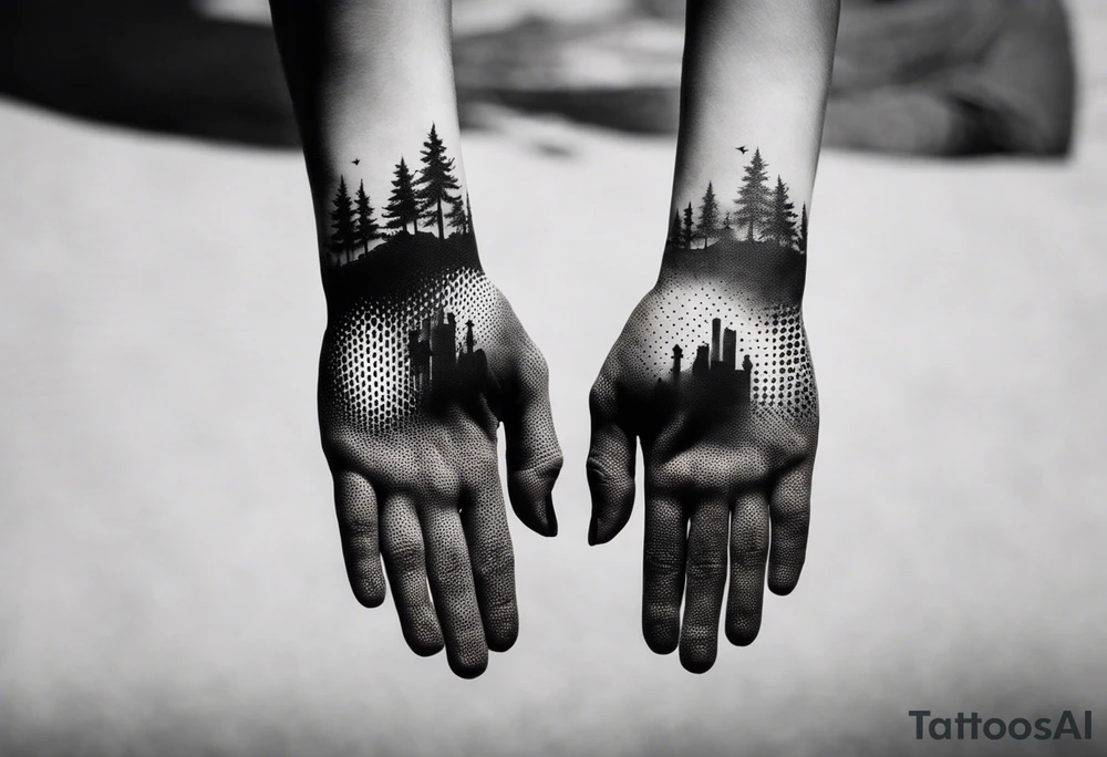 A reflection of two black  siloets of people  holding guns at two siloets dead tattoo idea