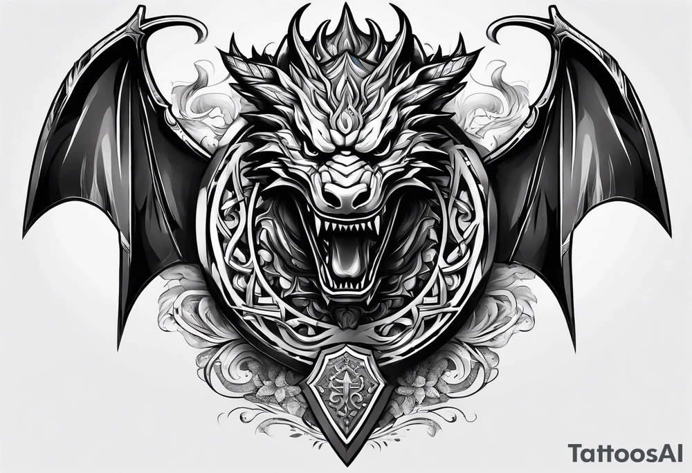 Valhalla sword shield dragon head axe tattoo idea
