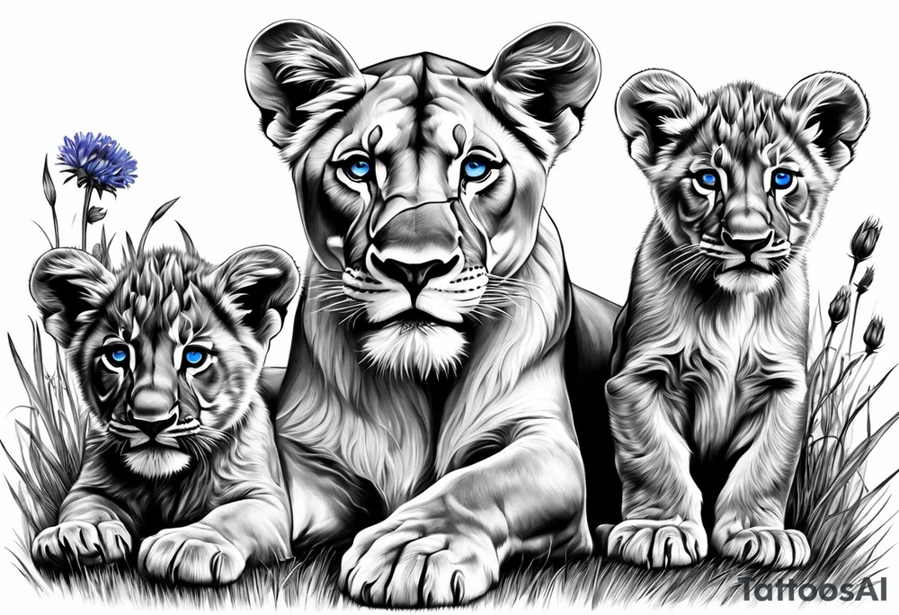 Lioness with three cubs. Blue eyes. Surrounded with cornflowers. tattoo idea